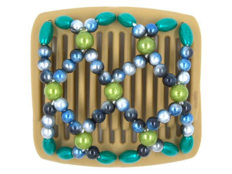 African Butterfly Chameleon Hair Comb - Ndalena Blonde 35 - ombre blue beads, lime-green round beads, teal oval beads, white background