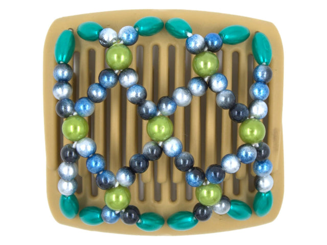 African Butterfly Chameleon Hair Comb - Ndalena Blonde 35 - ombre blue beads, lime-green round beads, teal oval beads, white background