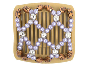 African Butterfly Chameleon Hair Comb - Ndalena Blonde 36 - lavender pearl beads, faceted disco ball silver beads, copper beads with black etched patterns, white background