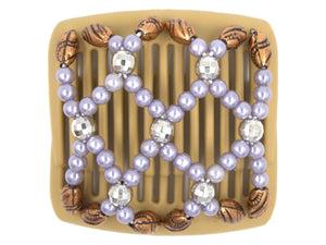 African Butterfly Chameleon Hair Comb - Ndalena Blonde 36 - lavender pearl beads, faceted disco ball silver beads, copper beads with black etched patterns, white background