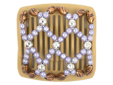 African Butterfly Chameleon Hair Comb - Ndalena Blonde 36 - lavender pearl beads, faceted disco ball silver beads, copper beads with black etched patterns, white background