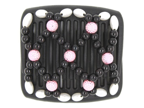 African Butterfly Chameleon Hair Comb - Ndalena Black 54 - Black, white, and pink beaded hair comb on a white background
