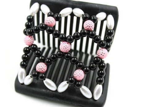 African Butterfly Chameleon Hair Comb - Ndalena Black 54 - Black, white, and pink beaded hair comb on a white background