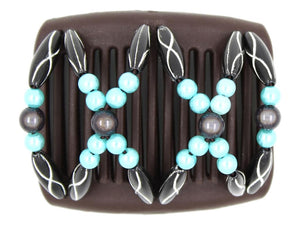 African Butterfly Chameleon Hair Comb - Dalena Brown 53 - Hair comb with blue, gray, and black decorative beads on a white background