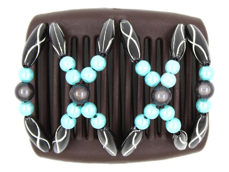 African Butterfly Chameleon Hair Comb - Dalena Brown 53 - Hair comb with blue, gray, and black decorative beads on a white background