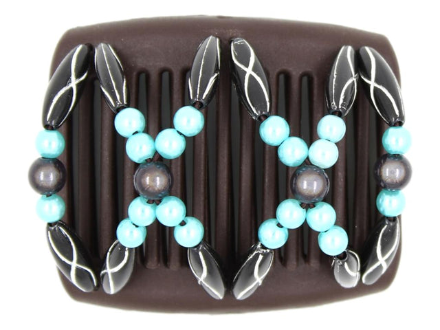 African Butterfly Chameleon Hair Comb - Dalena Brown 53 - Hair comb with blue, gray, and black decorative beads on a white background