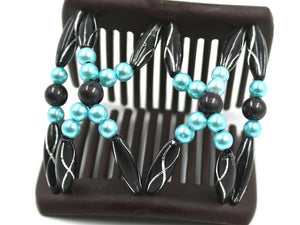 African Butterfly Chameleon Hair Comb - Dalena Brown 53 - Hair comb with blue, gray, and black decorative beads on a white background