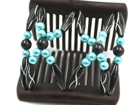 African Butterfly Chameleon Hair Comb - Dalena Brown 53 - Hair comb with blue, gray, and black decorative beads on a white background