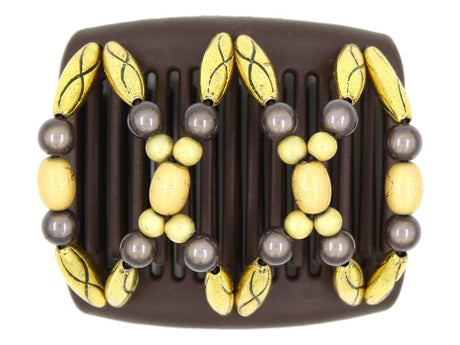 African Butterfly Chameleon Hair Comb - Dalena Brown 54 - Hair comb with yellow and gray decorative beads on a white background