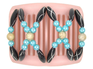 African Butterfly Chameleon Hair Comb - Dalena Pink Pearl 13 - gold shimmer center beads, powder blue pearl beads, black beads with silver etching along the sides, silky pink pearl base, white background
