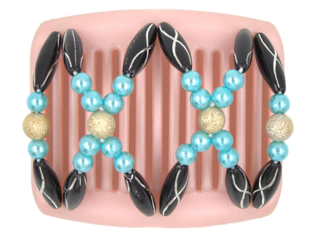African Butterfly Chameleon Hair Comb - Dalena Pink Pearl 13 - gold shimmer center beads, powder blue pearl beads, black beads with silver etching along the sides, silky pink pearl base, white background