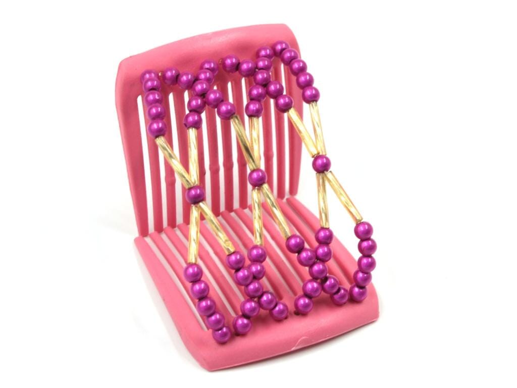 African Butterfly LadyBug Hair Comb - Pink Raspberry 26 - Pink hair clip with gold and pink beads on a white background