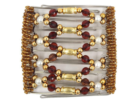 African Butterfly Wire Hair Clip - 9 Tong 938 - hair clip with gold, red, and white pearl beads on a white background