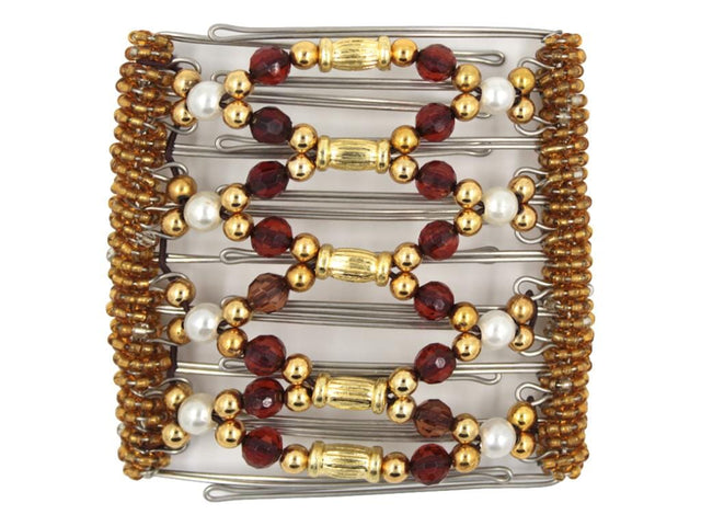 African Butterfly Wire Hair Clip - 9 Tong 938 - hair clip with gold, red, and white pearl beads on a white background