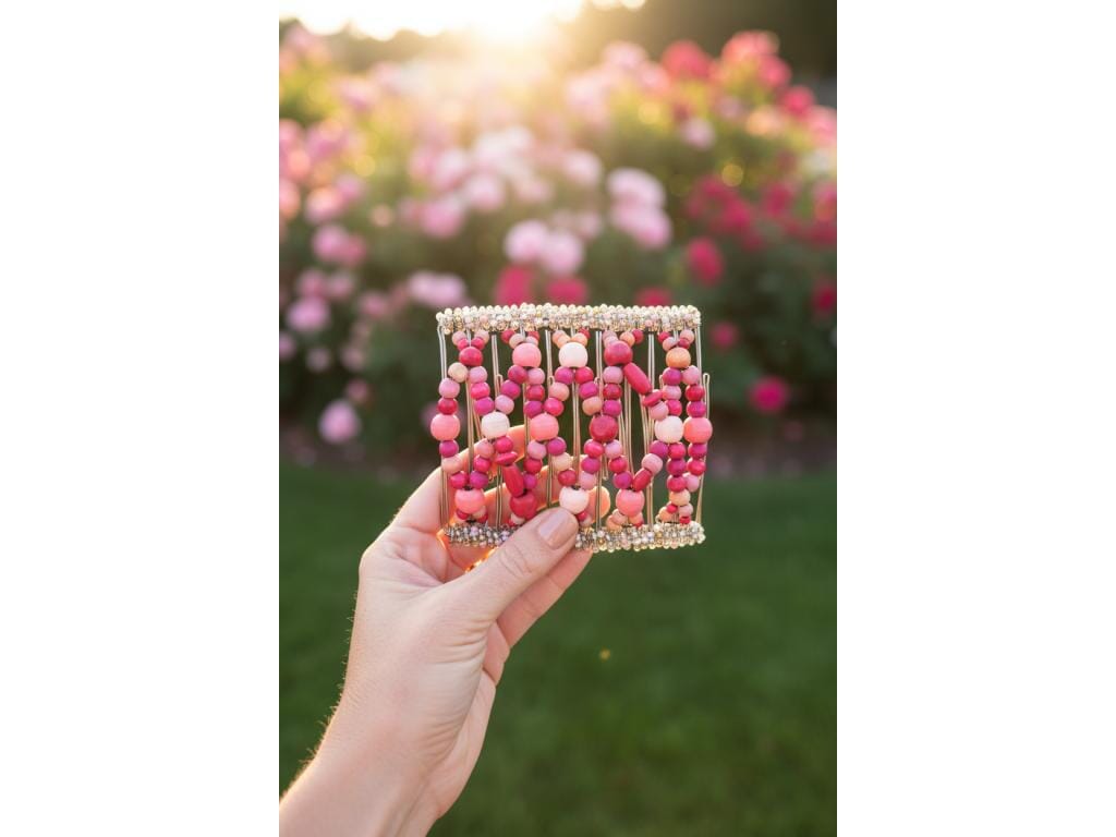 Woman holding an African Butterfly Wire Hair Clip in a rose garden, pink and magenta beads, soft sunlight