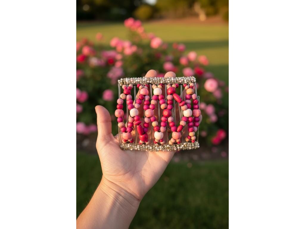 Woman holding an African Butterfly Wire Hair Clip 11 Tong 526 in a rose garden, pink and magenta beads, warm sunlight