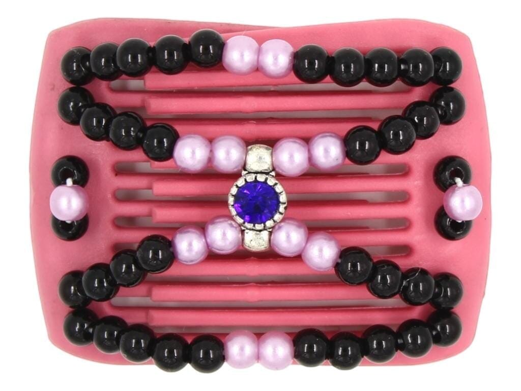 African Butterfly LadyBug Hair Comb 131135 - pink raspberry, black beads, baby pink pearls, and sapphire blue charm, white background