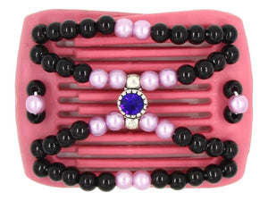 African Butterfly LadyBug Hair Comb 131135 - pink raspberry, black beads, baby pink pearls, and sapphire blue charm, white background