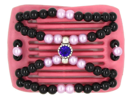 African Butterfly LadyBug Hair Comb 131135 - pink raspberry, black beads, baby pink pearls, and sapphire blue charm, white background